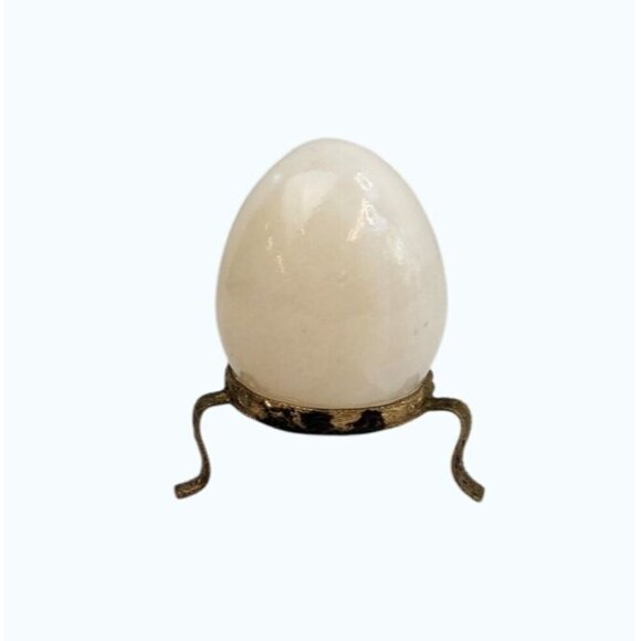 White Onyx Stone Egg With Vintage Gold-Tone Metal Stand Victorian Decor Vintage - Picture 2 of 12